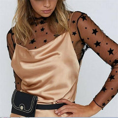 Sexy Mesh Polka Dot Printed T-shirt Women Long Sleeve High Neck Tops Tshirt See Through Spring Party Club Tee Shirt