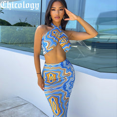 Chicology Women Summer 2021 2 Two Pieces Sets Sexy Tie Dye Print Top High Waist Bodycon Elegant Midi Skirts Wholesale Suits
