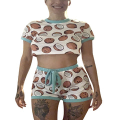 2PCS Set Retro Fashion Women Coconut Candy Print Causal Summer Suits Short Sleeve Crop Tops Skinny Shorts Tracksuit