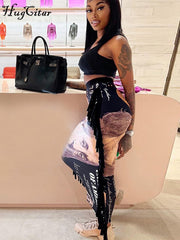 Hugcitar Dollor Print Tassel High Waist Midi Dress Skirt Traf 2021 Fall Women Fashion Streetwear Y2K