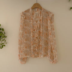 Autumn V-neck Sweet Floral Print Chiffon Blouse Fashion Ruffled Bow Tie Shirt Women Long Sleeve Shirt Tops Clothes Blusas 16559
