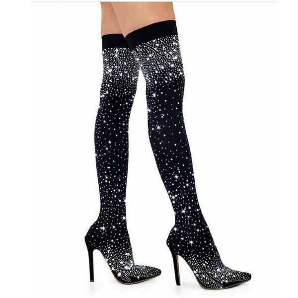 Women Boots Over The Knee Boots Fashion Rhinestone Pointed High Heel Outdoor Shoes