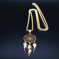 Feather Dream Catcher Stainless Steel Chain Necklaces Gold Color Long Necklaces Boho Jewelry sautoir femme long bohème N7021S01