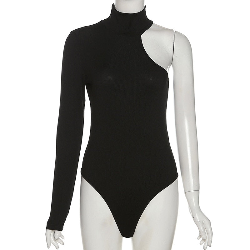 One Shoulder Knitted Bodysuit Turtleneck Black Bodysuit