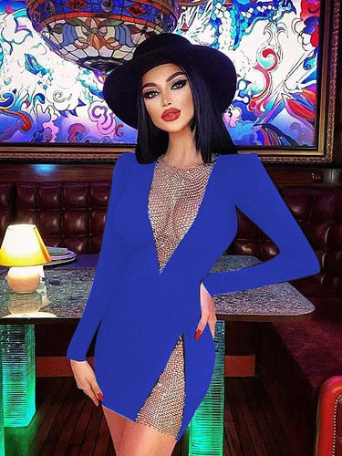 Beading Long Sleeve Rayon Bandage Sexy Hollow Out Mini Runway Dress