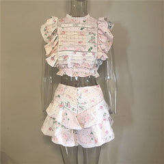 Floral cute ruffle mini skirt set