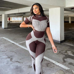 CIBBAR Color Blocking Skinny Biker Printing Jumpsuits Women Retro Fashion Short Sleeve Sexy Bodycon Streetwear Overalls Autumn