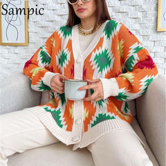 Sampic Loose Patchwork Knitwear Winter 2021 Women Cardigans Tops Oversized Long Sleeve Y2K V Neck Sweater Casual Fashion Tops