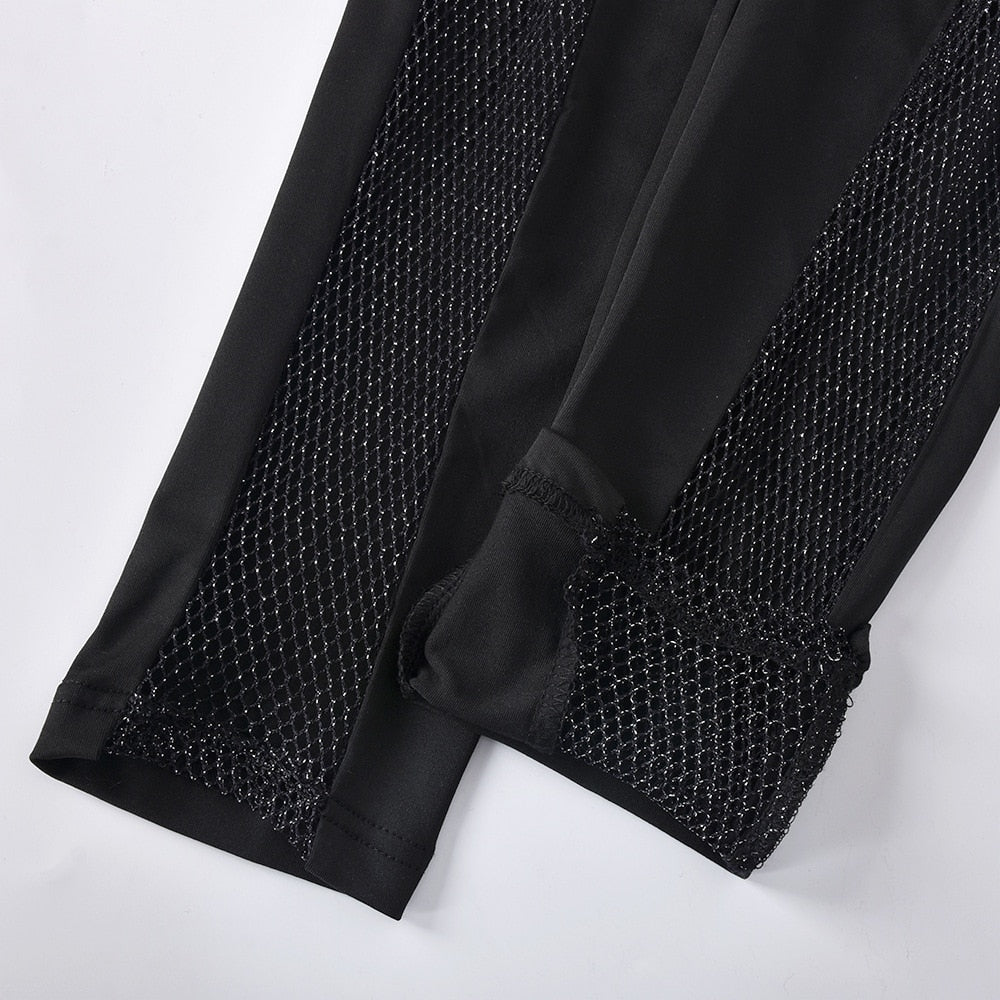 ANJAMANOR Black Mesh Two Piece Set Crop Top and Pants Club Wear Stage See Through Outfits for Women Matching Sets D82-CA23