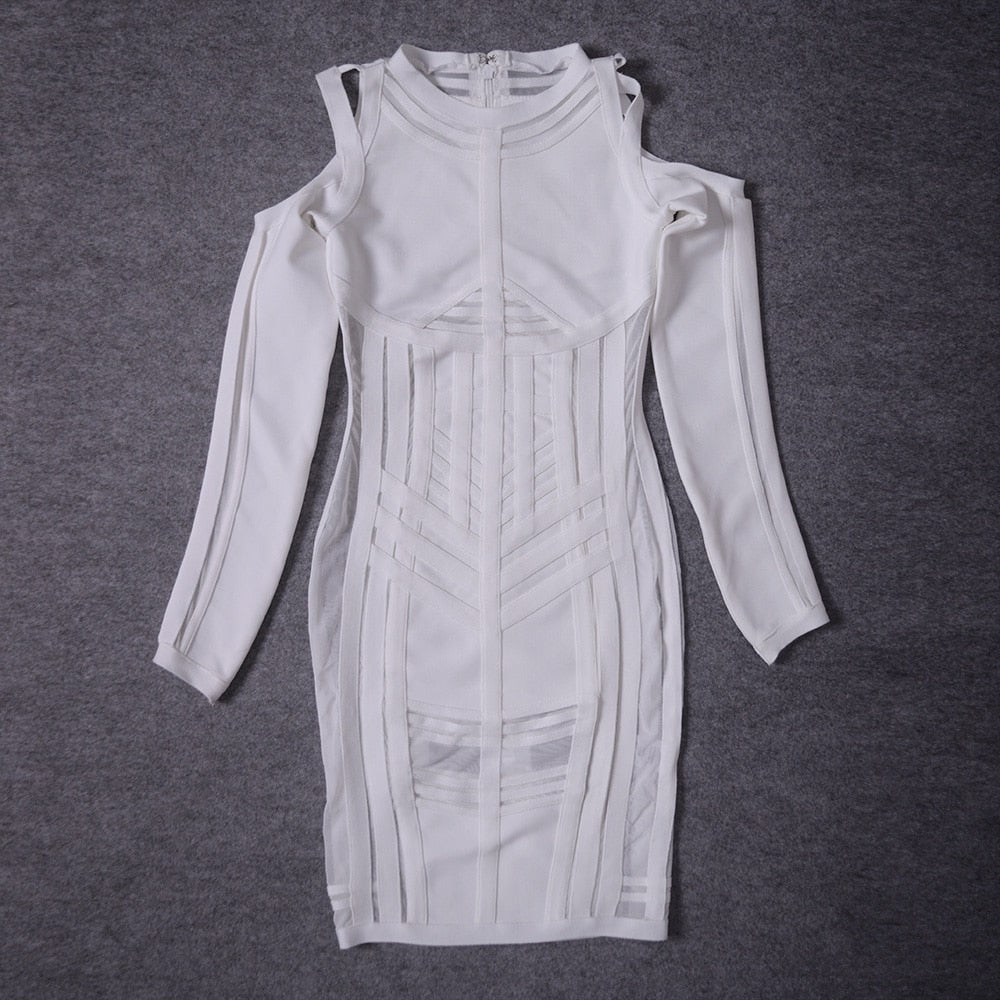 Long Sleeve HL Bandage Dress Bodycon Hollow Out Mesh