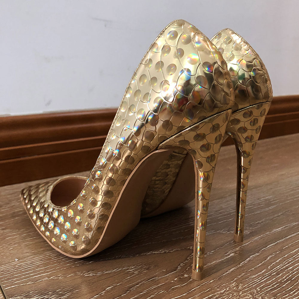 Golden Glitter Pointed Toe Stiletto High Heels Shiny Slip On Chic Pumps