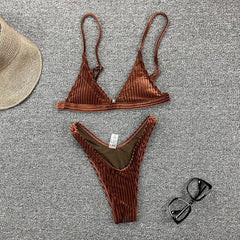 Sexy velvet ribbed swimsuit women Triangle micro bikini set Solid swimwear 2021 High cut swimming Bathing suit Beachwear Biquini