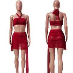 Mesh Sexy Two Piece Bandage Skirt Set for Women Crop Top Mini Skirts Set Club Party Summer 2 Piece Set Women Festival Clothing