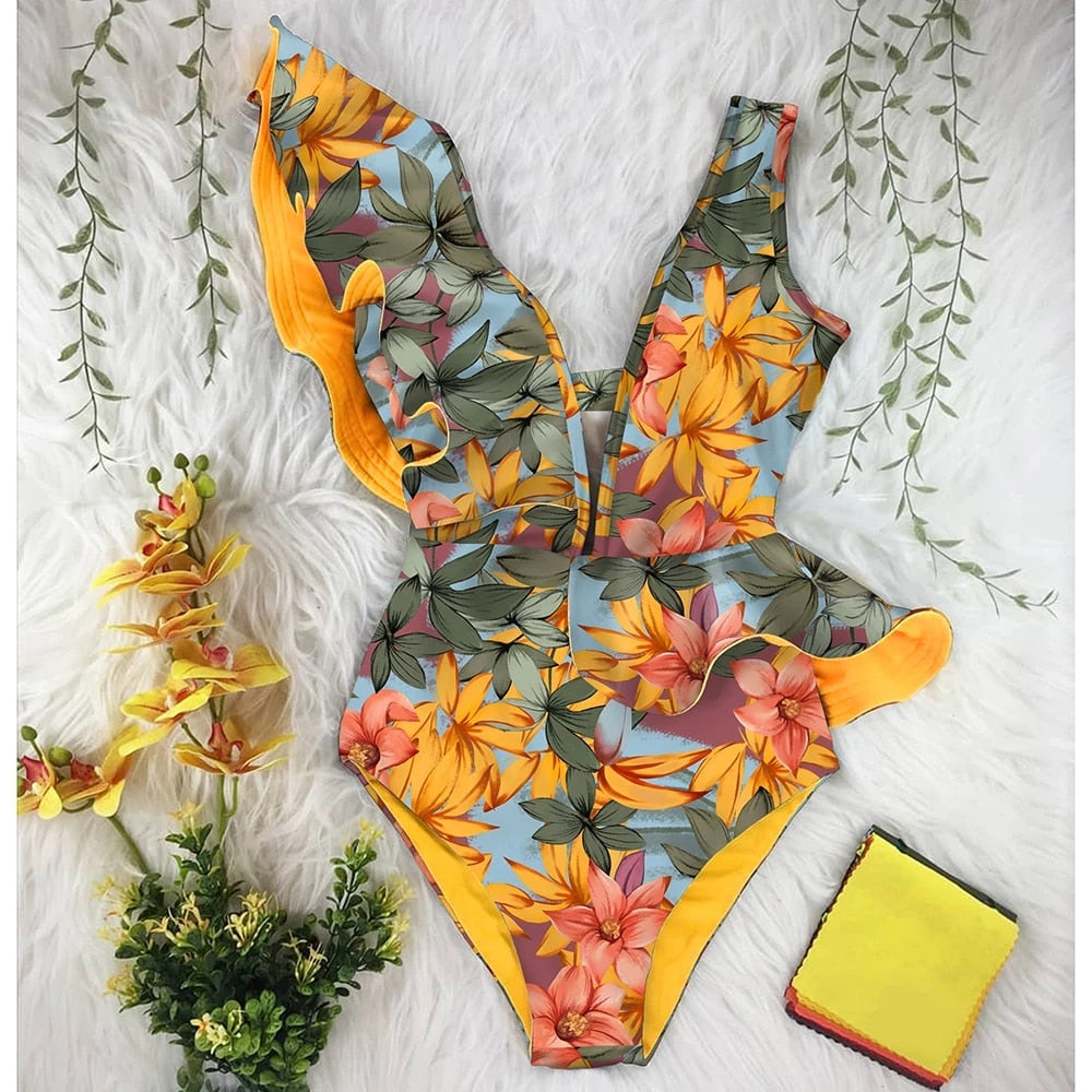 Ruffle Print One Piece Swimsuit Off The Shoulder Solid Deep-V Bathing Suit
