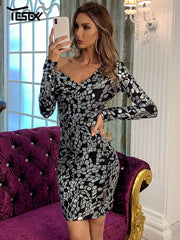 Elegant Sequins Long Sleeve Sexy One Shoulder Bodycon Dress
