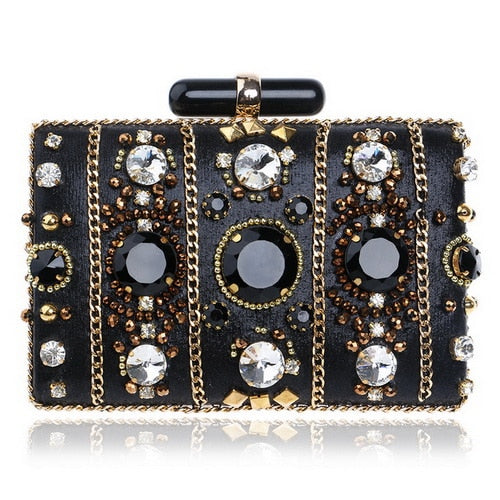 SEKUSA Hot Sale Small Beaded Clutch Purse Elegant Black Evening Bags Wedding Party Clutch Handbag Metal Chain Shoulder Bags