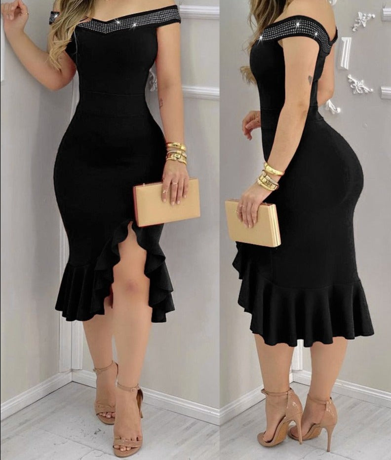 Women Sexy Shiny Rhinestone Embellished Off Shoulder Bodycon Dress