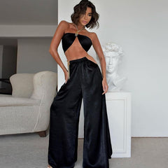 Cryptographic Fashion Chain Halter Crop Top and Flare Pants Set Club 2 Piece Sets Womens Outfits Cropped Tops Matching Sets New