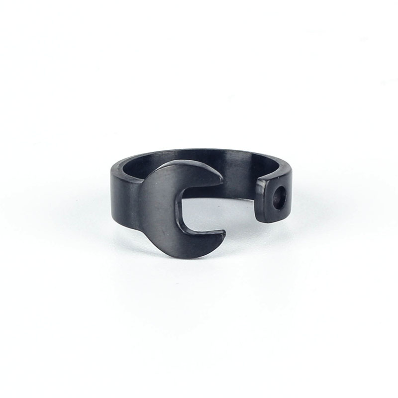 Punk Gothic Wrench Open Ring in Black Stainless Steel