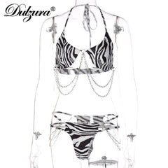 Dulzura Zebra Print Women 2 Pieces Bikini Chain Halter Bra Thong Suits Clubwear Beach Swimming Suit Sexy 2021 Autumn Winter