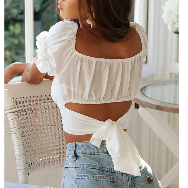 Nadafair Blouse Women 2020 Summer Off Shoulder Tops Puff Sleeve Bow Tied Beach Short Sleeve Backless Sexy Crop Top Women White