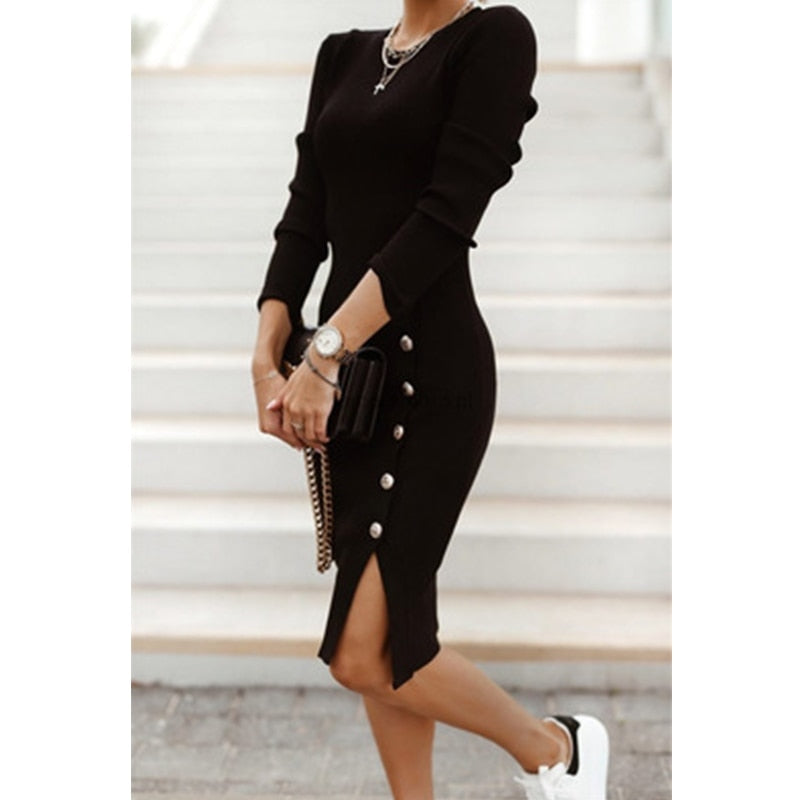 Winter Hip Ribbed Dress Black Sexy Buttons Bodycon Dress