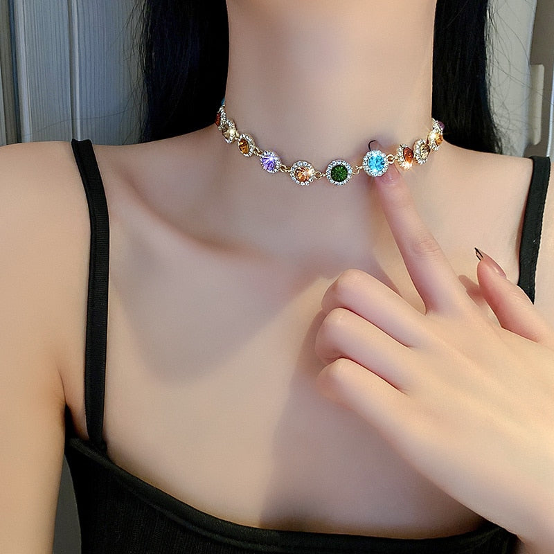 Geometric Colorful Crystal Choker Necklaces Clavicle Chain Necklace Main image