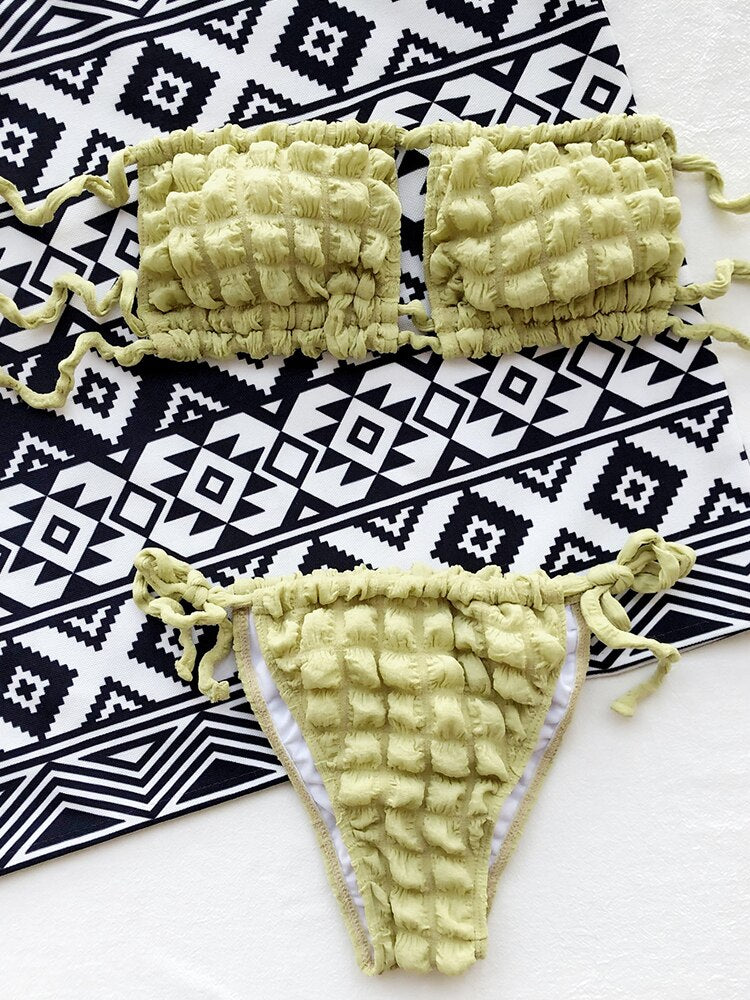 Yellow Strapless Bikini Pleated Swimwear Brazilian Bikini Set