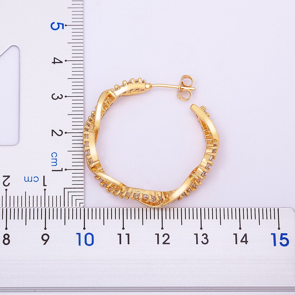 Hot Sale New Design Copper  Zircon Crystal Big Hoops Gold Color Drop Earrings for Women Twist Fashion Party Birthday Jewelry