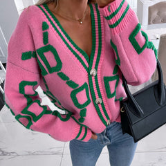 Women Cardigan Green Striped Pink Knit Button Lady Cardigans Sweaters V-neck Loose Casual Winter Fashion Knitted Coat