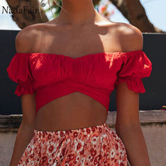 Nadafair Blouse Women 2020 Summer Off Shoulder Tops Puff Sleeve Bow Tied Beach Short Sleeve Backless Sexy Crop Top Women White