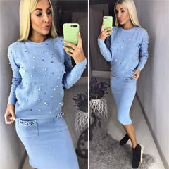 Women Two Piece Warm Set O-Neck Pearl Beading Knitted Pullover  Pencil Skirt Women Elegant 2 Piece Suits