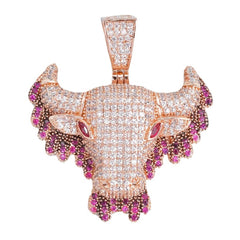 Men Hip Hop Fashion Full Rhinestone Bull Head Pendant Necklace Sparkling Ice Out Gold Plated Metal Necklace