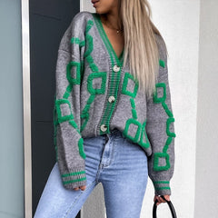 Women Cardigan Green Striped Pink Knit Button Lady Cardigans Sweaters V-neck Loose Casual Winter Fashion Knitted Coat