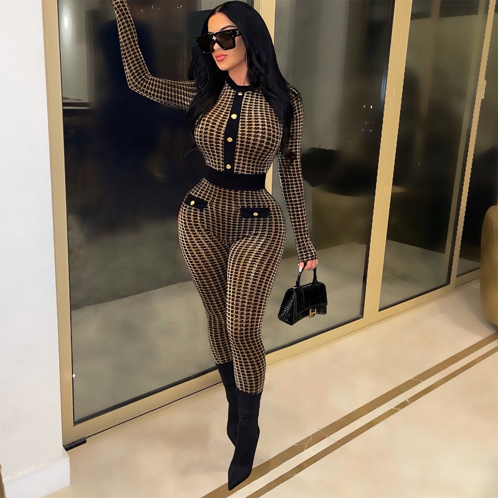 Gold Jacquard Houndstooth Long Sleeve Bodycon Jumpsuit