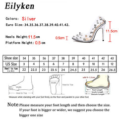 EilyKen  New Spring Autumn Fashion PVC Transparent Rivet Women Pumps Sandal Sexy Pointed Toe Thin High Heel Stripper Party Shoes
