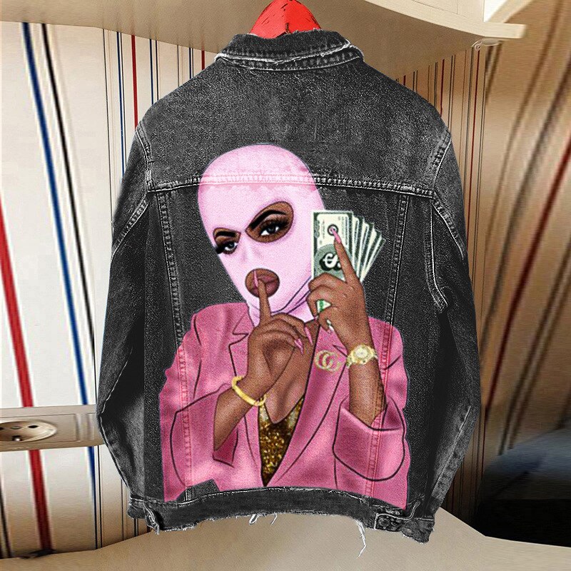 Women&#39;s retro street autumn and winter long-sleeved personalized printing foreign trade denim jacket women&#39;s single-breasted