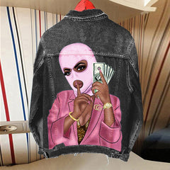 Women&#39;s retro street autumn and winter long-sleeved personalized printing foreign trade denim jacket women&#39;s single-breasted