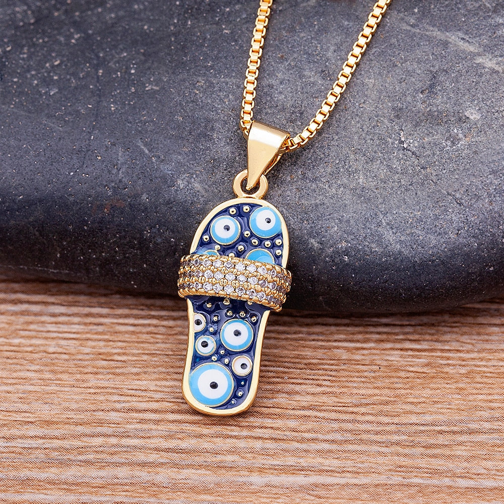 Rhinestone Enamel Slipper Pendant - Blue Evil Eye Necklace Chain Gold Plated