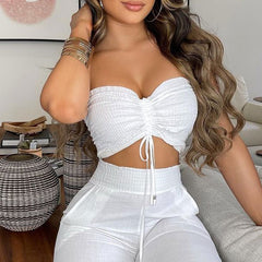 Two Piece Suit Sets Sleeveless Drawstring Bandeau Crop Top High Waist Long Pants Sets