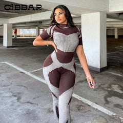 CIBBAR Color Blocking Skinny Biker Printing Jumpsuits Women Retro Fashion Short Sleeve Sexy Bodycon Streetwear Overalls Autumn