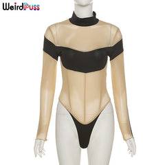 Weird Puss 2021 Sexy Mesh Patchwork Bodysuits Women Long Sleeve Skinny Stretchy Club Fashion Bodycon See Through Summer Wild Top