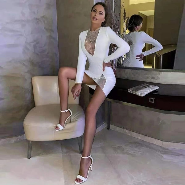 Beading Long Sleeve Rayon Bandage Sexy Hollow Out Mini Runway Dress