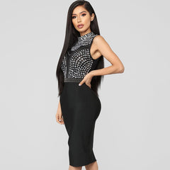 2022 Winter New Fashion Women&#39;s Bandage Dress Sexy Black Sleeveless Luxury Diamond Bodycon Dress Club Evening Party Vestidos
