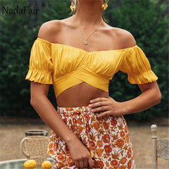 Nadafair Blouse Women 2020 Summer Off Shoulder Tops Puff Sleeve Bow Tied Beach Short Sleeve Backless Sexy Crop Top Women White
