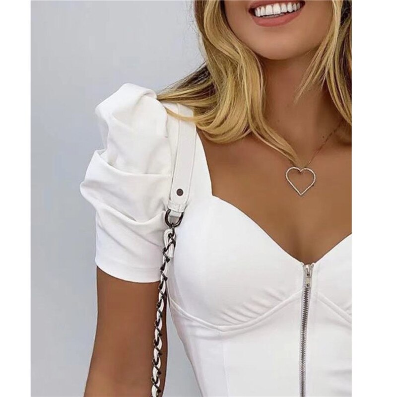 hirigin Short Puff Sleeve T-shirts Tops Cropped 2021 New Fashion Women V-neck Low Cut Front Zipper Up Push Up T-shirt Elegant