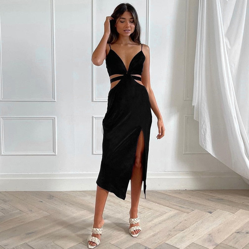 Cryptographic Sexy Backless Cutout Midi Dress Club Party Outfits for Women Sleeveless Elegant Straps V Neck Dresses Vestidos