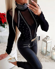 Blouse Women New Skinny Black Turtleneck Top Studded Sheer Mesh Long Sleeve Blouses Sexy Bodycon Ladies Tee Shirts fashion