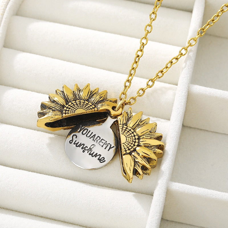 You Are My Sunshine Open Locket Sunflower Pendant Necklace  Boho Jewelry Friendship Gifts Bff Letter Necklace Collier