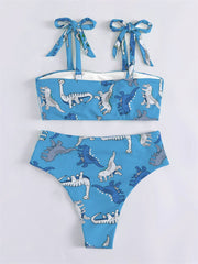 Dinosaur Swimsuit Women Retro Vintage High Waist Swimwear 2022 Bathing Suit Summer New Straps Tie Two-Piece Bikini Set